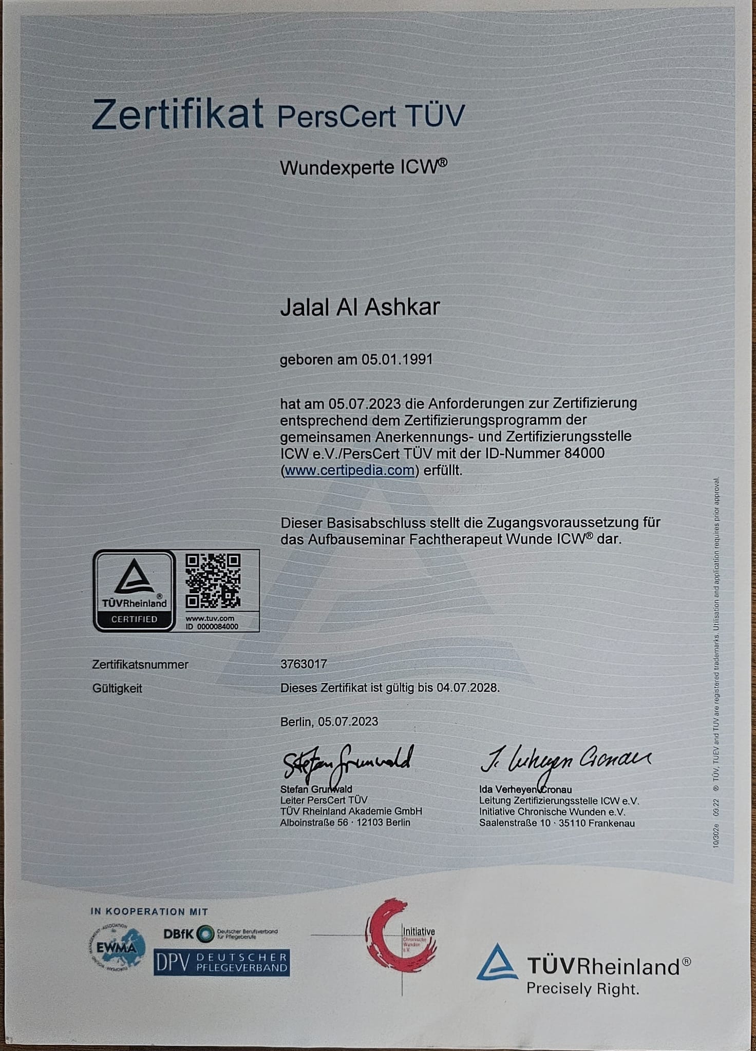TÜV-Zertifikat PersCert – Wundexperte ICW® Jalal Al Ashkar, gültig bis 04.07.2028